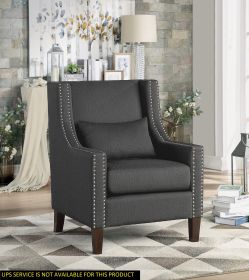 1pc Traditional Accent Chair with Pillow Nailhead Trim Dark Gray Polyester Upholstered Solid Wood Furniture Modern Living Room Chair